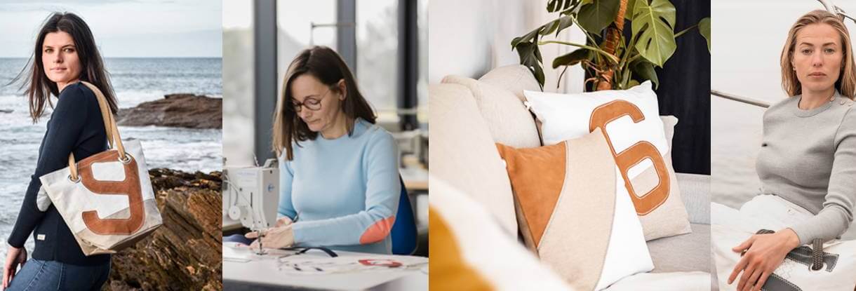 Een collage van vier afbeeldingen met maritieme mode- en interieuraccessoires. Links draagt een vrouw een handtas gemaakt van gerecycled zeil met een groot cijfer. In het midden werkt een vrouw achter een naaimachine aan een textielproject. Daarnaast is een interieur met kussens te zien, versierd met cijfers en nautische tinten. Rechts zit een vrouw aan boord van een zeilboot, met een maritieme tas op schoot.
