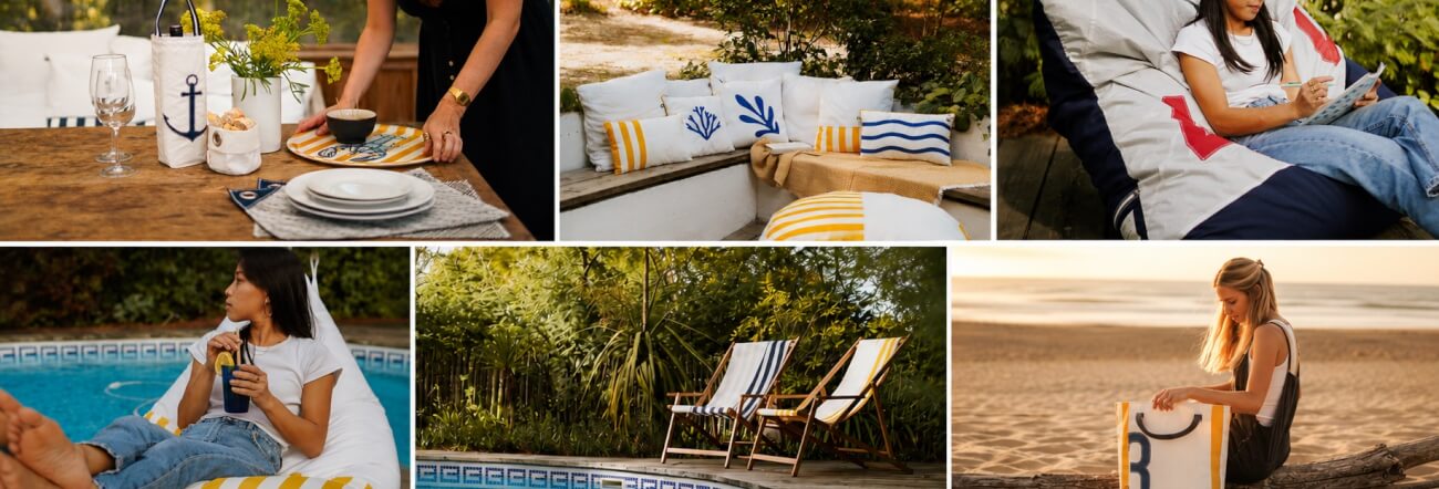 Collage van zomerse lifestylebeelden met nautische woonaccessoires en tassen van gerecyclede zeilen, waaronder sierkussens, zitzakken, strandstoelen en een strandtas, gefotografeerd in sfeervolle tuin-, zwembad- en strandsettings met warm avondlicht.