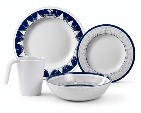 Frühstücksteller, Speiseteller, Schüssel und Becher aus der Pacific-Kollektion von Marine Business.