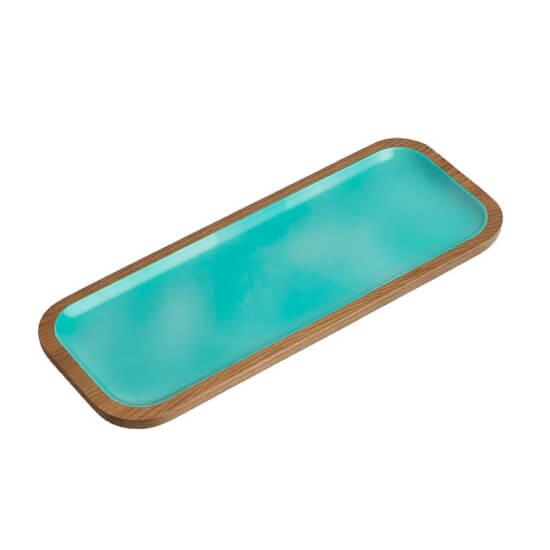 Marine Business Cocoa acacia wood serving platter with a beautiful ocean blue coating, measuring 38 × 15 cm.