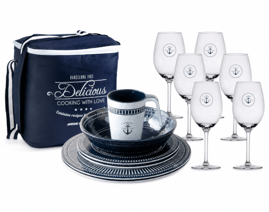 Marine Business Sailor Soul Geschirrset für 6 Personen mit kostenlosen Tritan-Weingläsern und Aufbewahrungstasche.